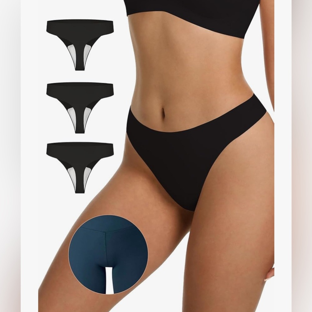 Seamless No Show Thong W/ Panty Liners for Women - Breathable  Black X 3.  XL
